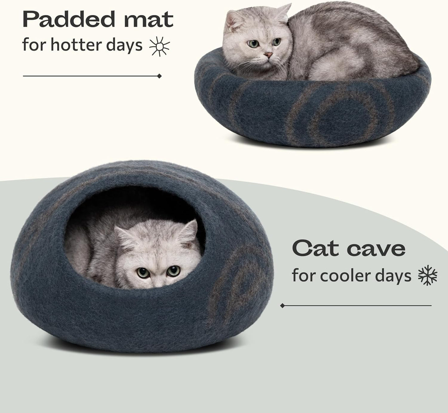Premium Felt Cat Bed Cave - Handmade 100% Merino Wool Bed for Cats and Kittens (Dark Shades) (Large, Slate Grey)